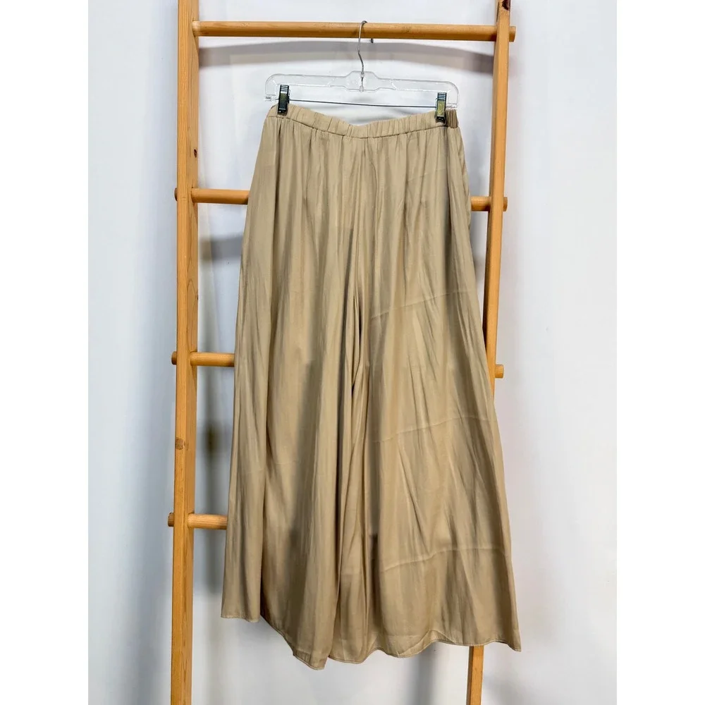 Grade&Gather Tan Wide Leg Flowy Pants Elastic Waist Khaki Palazzo Trousers M